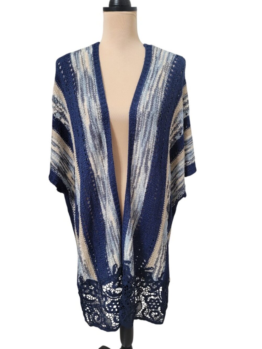 Chico's Size S/M Open Front Striped Cardigan, Blue, Cream and Beige, Lace Hem